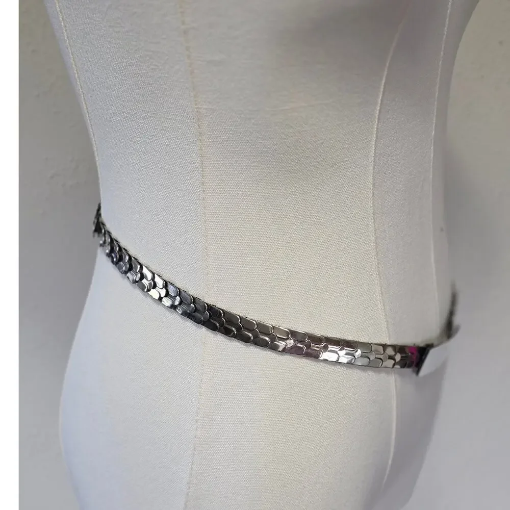 Vintage 80s Silver-Tone Stretch Belt Sleek Rectangular Metal Buckle Elastic Punk